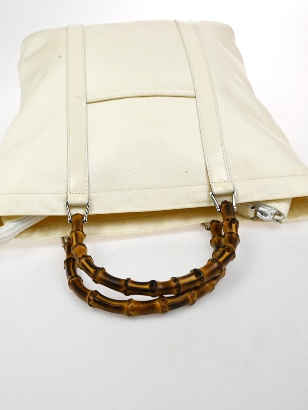 GUCCI Logo Bamboo Tote Handbag Nylon Patent Leather White SHW Italy 66KC967 - Picture 6 of 16